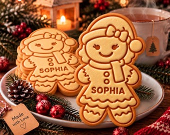 Personalized Christmas Morning Cookie Cutter Stamp, Custom Girls Name Gingerbread Cookie