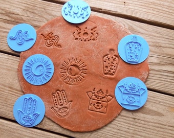 Mystical Clay Stamp Set | Pottery Stamp Tools | Celestial Sun Moon Evil Eye Hamsa | Cookie & Ceramic Stamp Set | Polymer Clay Tools