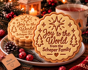 Joy to the World Cookie Cutter Stamp, Personalized Family Name Christian Christmas Cookie