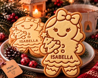Personalized Christmas Tree Cookie Cutter Stamp, Custom Kids Name Gingerbread Cookie