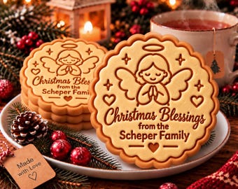 Christmas Blessings Cookie Cutter Stamp, Personalized Family Name Christian Angel Cookie