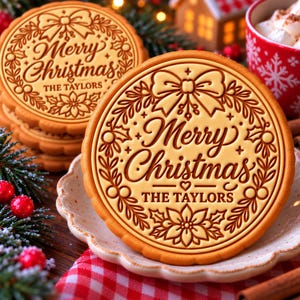 May include: A round, light brown cookie featuring an embossed design of a bow, holly leaves, and a poinsettia flower. The center text reads Merry Christmas and THE TAYLORS. The cookie has a scalloped edge and is placed on a white plate.