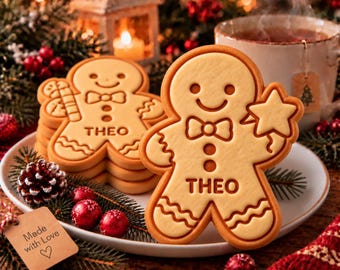 Personalized Christmas Star Cookie Cutter Stamp, Custom Kids Name Gingerbread Cookie