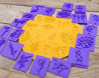 Botanical Clay Stamp Set, Floral Line Art Embosser for Polymer Clay Jewelry, Ceramic Texture Stamp, Leaf & Flower Stamp Set 3 Sizes