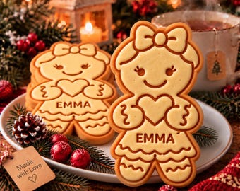 Personalized Gingerbread Girl Cookie Cutter Stamp, Custom Girls Name Christmas Cookie