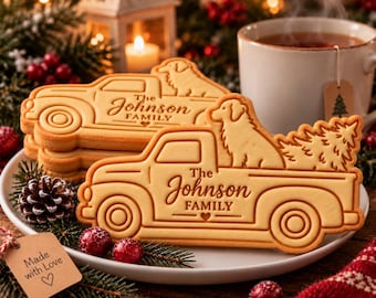 Personalized Christmas Truck Cookie Cutter, Custom Family Name Dog Cookie Stamp, Dog Lover Christmas Gift