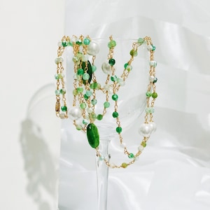 Long &quot;Winter Green&quot; rosary style necklace with agates and pearls.