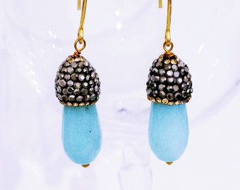 Baissez les boucles d’oreilles en bleu agate et marcassite