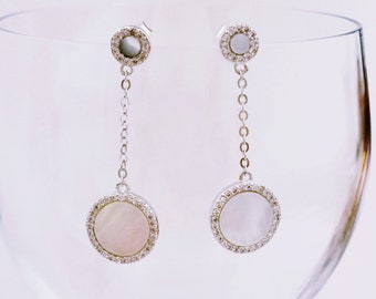 Silver pendant earrings, mother-of-pearl and zircons