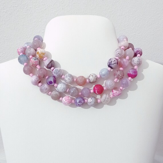 Collana Lunga 120 Cm In Pietre Semipreziose Rosa Pastello – Agata E Cristallo Di Vetro Fatte A Mano - 2