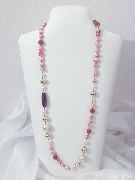 To take care I'm sleepy agreement Long Necklace alba Rosa With Pearls Agate Coral - Etsy