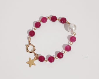 "Fuxia" bracelet knitted with a rosary and Maiorac pearl