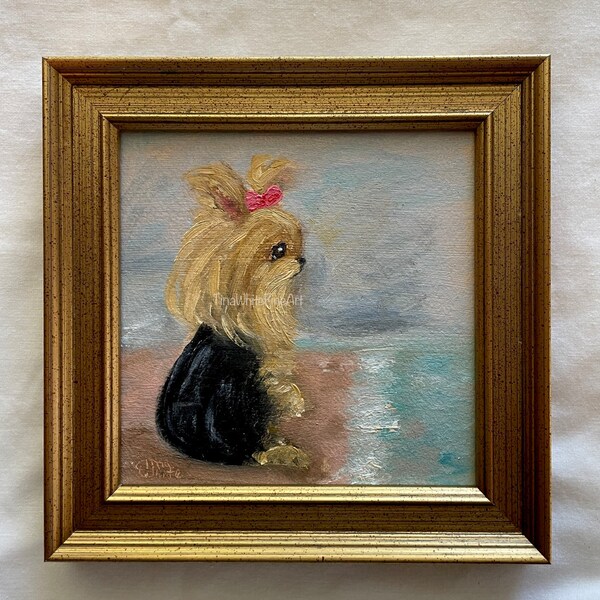 Original Oil Painting “Yorkie By The Sea”(no2) Original Oil Painting by Tina White, 5x5 Framed, Dog Mom, Yorkie Gifts, Beach, Ocean