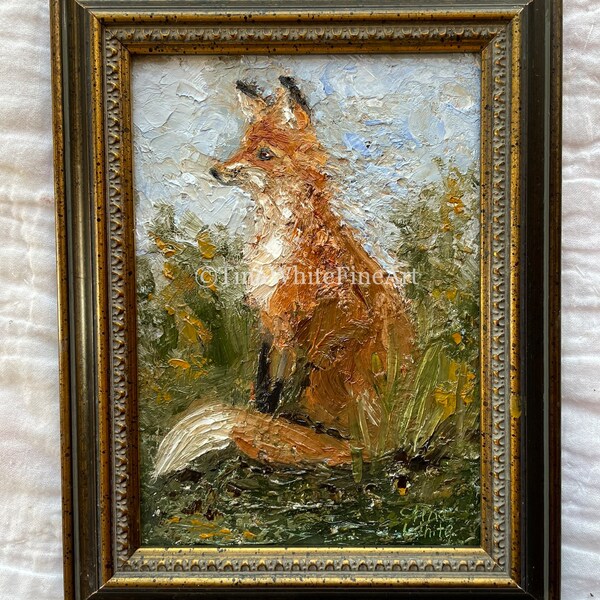 Fox Art “Quiet Observer” Original Oil Painting by Tina White, Framed, Fox Gifts, Home Decor, Woodland Animals, Fox Gifts 5”x7”