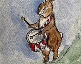 MINI Original Watercolor Painting “Little Drummer Bunny” by Tina White, 4x6, Bunny Rabbit Art, Rabbit Gifts, Bunnies