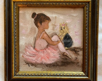 Original Oil Painting “Her Biggest Fan” by Tina White, Yorkie Art, Ballerina, Yorkie Gifts, Framed Art 5x5, Ballet Dancer