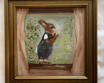 Original Oil Painting “Watching and Waiting” by Tina White, Bunny Rabbit Art, Framed Artwork, Bunnies, Rabbit Gifts, Home Decor