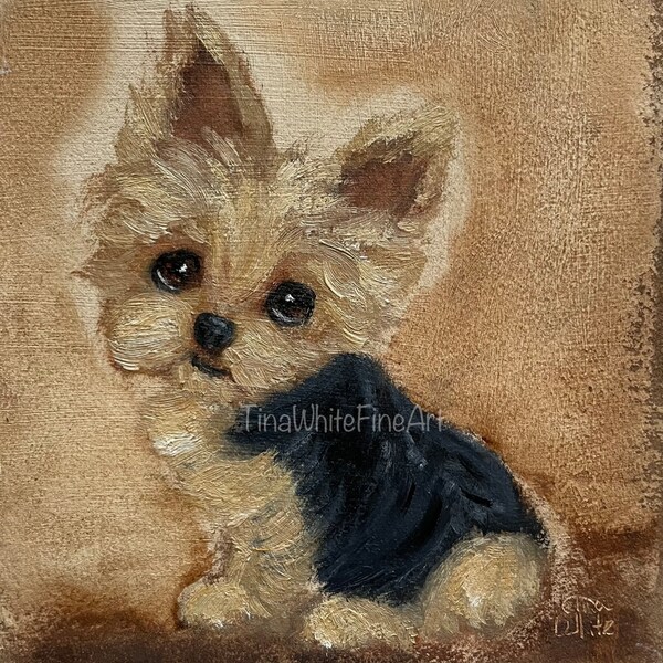 Yorkie Art “Puppy Cut” Original Oil Painting by Tina White, 6x6 Framed, Yorkie Gifts, Home Decor, Dog Mom