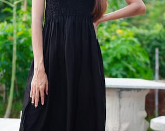 Boho Smocked Bodice Dress - Black Summer Dress - White Smocked Dress - Halter Midi Dresses - Sundress - Strapless Beach Dress - Midi Dresses