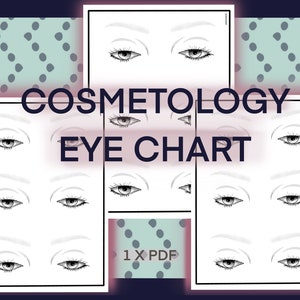 May include: Cosmetology eye chart featuring multiple illustrations of eyes with various shapes and styles. The text "Cosmetology Eye Chart" is displayed in a bold, dark font. The image includes the text "1 X PDF".