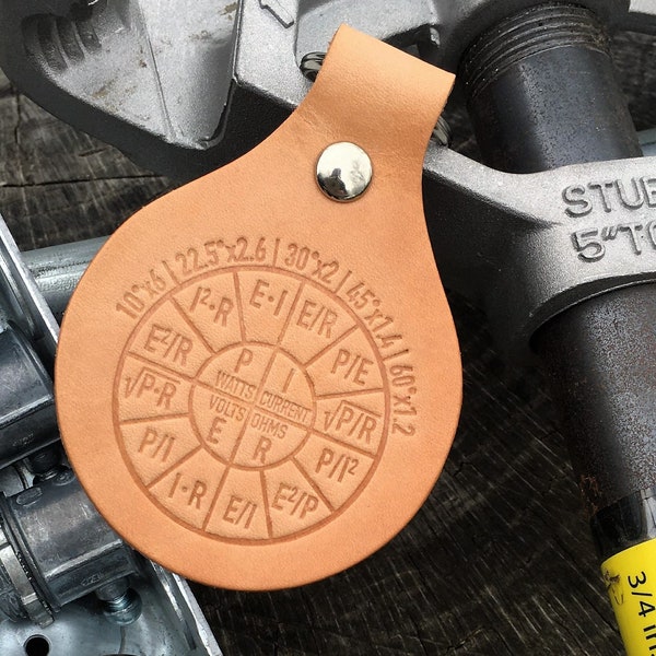 Ohms Law & Conduit Offset Multiplier Chart - Electrician Gift- Leather Key Chain/Fob - 2.5" diameter - Apprentice/Journeyman - Gifts