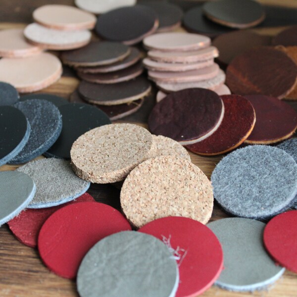 Leather, Cork & Felt - 1.5"diameter - Set of 10 - Disks/Tags-DIY Wine Glass Charm,Pet ID,Luggage, Key Chains, Red/Gray, Cork, Felt