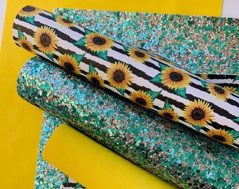 Sunflowers faux leather,Glitter sheets, DIY hair bow,Sunflower stripes, fabric, Printed faux leather, Earring faux leather, Sunflower print,