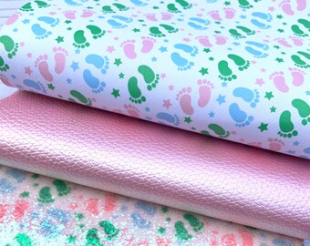 Faux leather sheets. Baby Footprint, DIY hairbows. Baby feet, Printed faux leather.Glitter fabric, Baby shower. Leather sheet