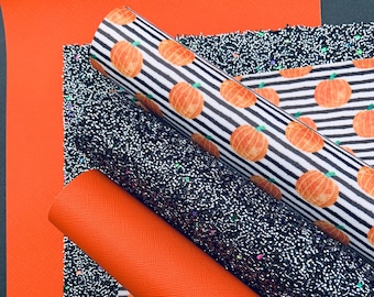 Pumpkin faux leather sheets.Glitter fabric,Black faux leather.DIY Hair bow.Pumpkin fabric.Fall printed leather.Synthetic leather.Leather bow