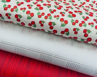 Sábanas de piel sintética. Estampado de cerezas, Tejido con purpurina, Piel sintética estampada. Cuero sintético rojo, cuero sintético, lazos para el cabello DIY, pendientes de cuero.