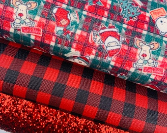 Christmas faux leather sheets.Plaid faux leather.Glitter fabric,Christmas fabric.DIY hairbows,Earrings DIY,Leather hairbow.Red faux leather.