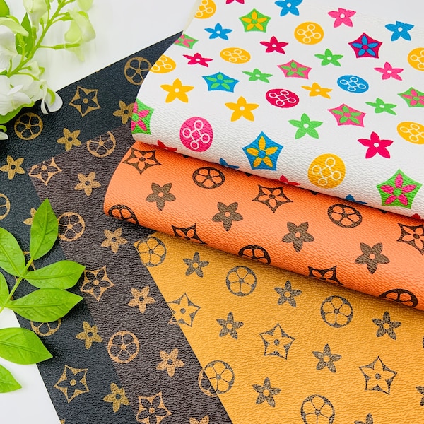 May include: Four different fabric swatches with repeating patterns. The top swatch is white with colorful stars and circles. The second swatch is orange with a brown repeating pattern. The third swatch is brown with a gold repeating pattern. The bottom swatch is black with a gold repeating pattern.