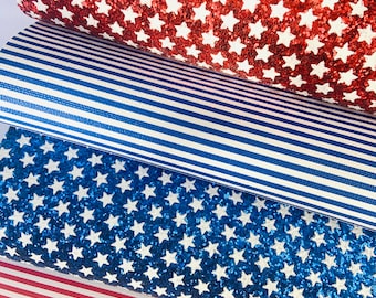 Faux leather sheets, Chunky glitter fabric. 4th of July,Red stars sheet,Striped print, Independence day, Blue glitter sheets, DIY hair bows,