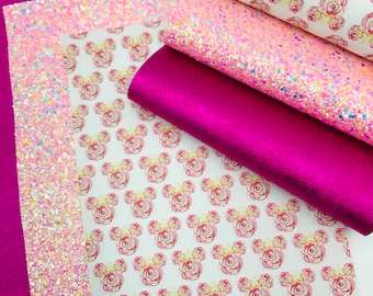 Faux leather sheets, Mouse print, Glitter fabric,Leather hairbows.Leather sheet.Printed faux leather.Hot pink faux leather,DIY hair bow. Bow