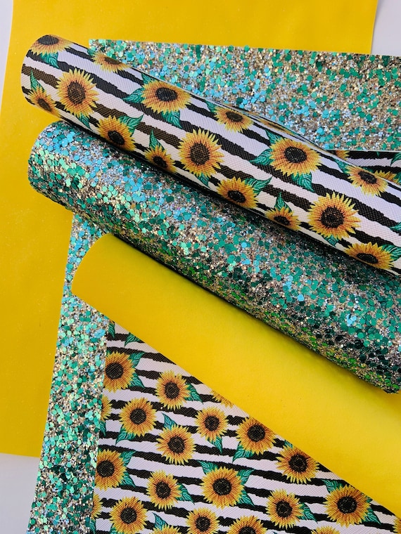 Sunflowers faux leather,Glitter sheets, DIY hair bow,Sunflower stripes, fabric, Printed faux leather, Earring faux leather, Sunflower print,
