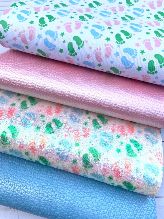 Faux leather sheets. Baby Footprint, DIY hairbows. Baby feet, Printed faux leather.Glitter fabric, Baby shower. Leather sheet