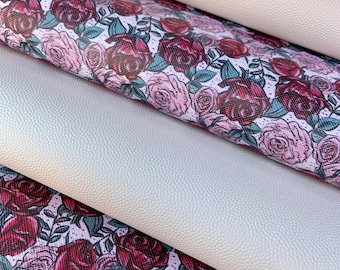 Flora faux leather sheets,Rose print, Leather sheet,Printed faux leather. DIY earrings, Leather Hairbows.  White faux leather. Floral