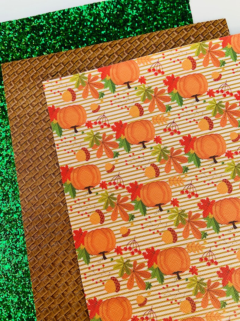 May include: An assortment of textured craft papers. Includes a green glitter sheet, a brown embossed sheet, and a sheet with a pumpkin and fall leaf pattern on a striped background. Ideal for fall-themed crafts.