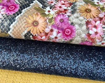 Floral faux leather sheets.Snake faux leather.Black glitter,Leather sheet. Floral print.DIY hairbows.Printed faux leather. Leather hair bow.