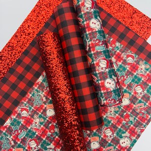 May include: A set of five red and black patterned fabric sheets. The sheets feature a red glitter fabric, a red and black buffalo plaid fabric, and three different red and green patterned fabrics with Christmas-themed illustrations.