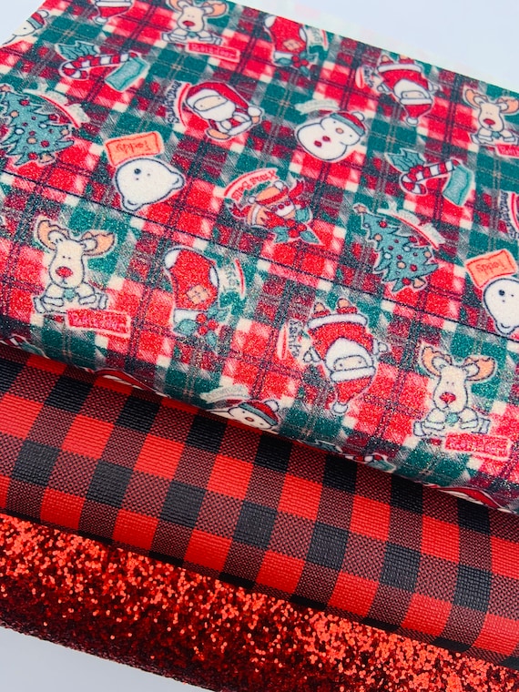 Christmas faux leather sheets.Plaid faux leather.Glitter fabric,Christmas fabric.DIY hairbows,Earrings DIY,Leather hairbow.Red faux leather.