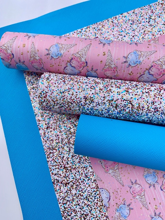 Faux leather glitter sheets. Ice cream print, faux leather.  Glitter fabric. Printed faux leather. Hair bow leather. Faux leather sheets.DIY