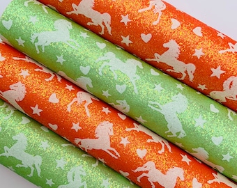 Glitter fabric, Glow in the dark, Shimmer, Horse print, DIY hairbows, Hair bows, Printed sheets. Luminous sheets. Bows