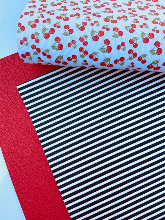 Cherry faux leather, DIY hair bows, Bundle leather sheet, Cherry print, Red faux leather, Glitter fabric, Printed faux leather,Striped print