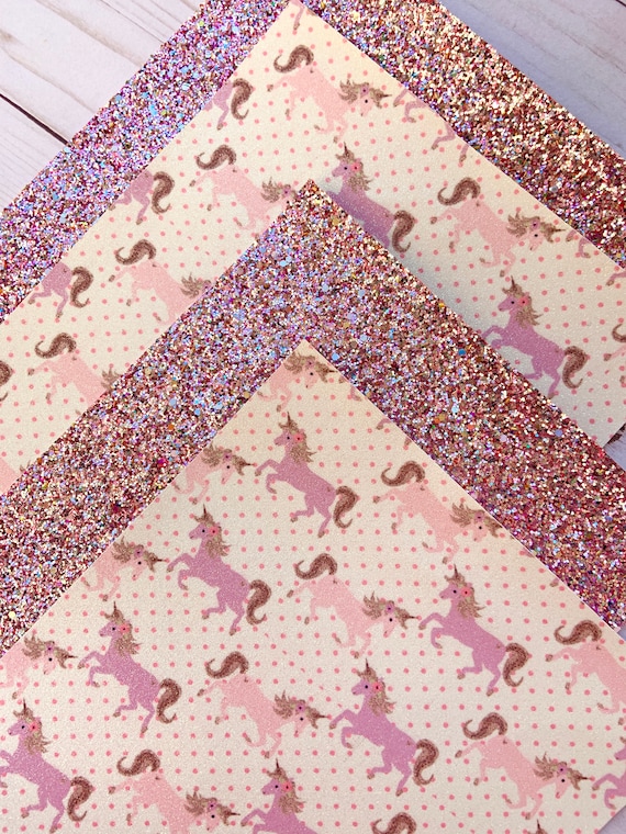 Glitter fabric sheets. Unicorn print, Canvas fabric. Printed faux leather. Pink Glitter Fabric, DIY Hairbows. Fine Glitter fabric. Unicorn