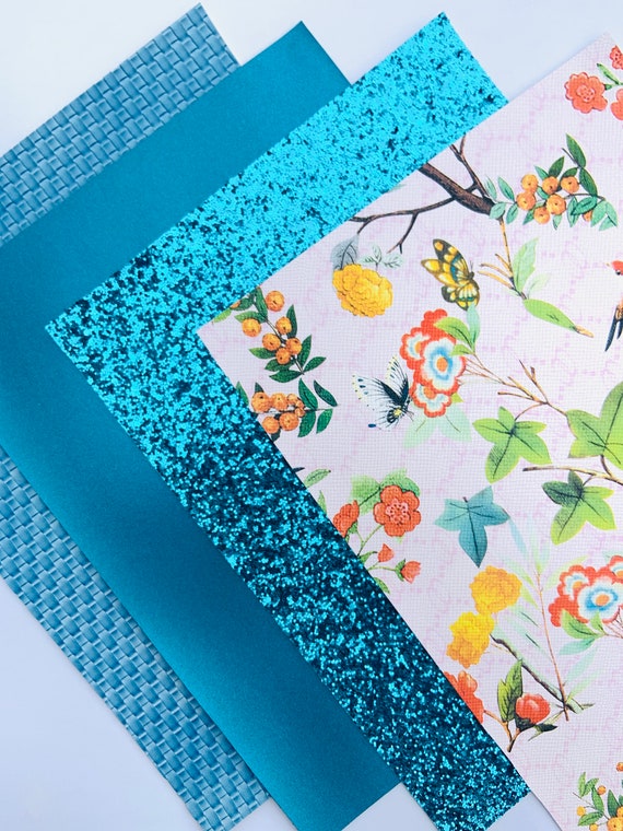 Faux leather sheets, Birds print leather, DIY hairbows, Glitter fabric, Bundle faux leather, Leather sheet,Texture leather,Blue faux leather