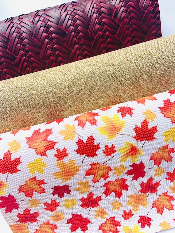 Fall faux leather, Leaves print,Glitter fabric,Red faux leather,DIY hairbows, printed faux leather,Texture leather sheet Bundle faux leather