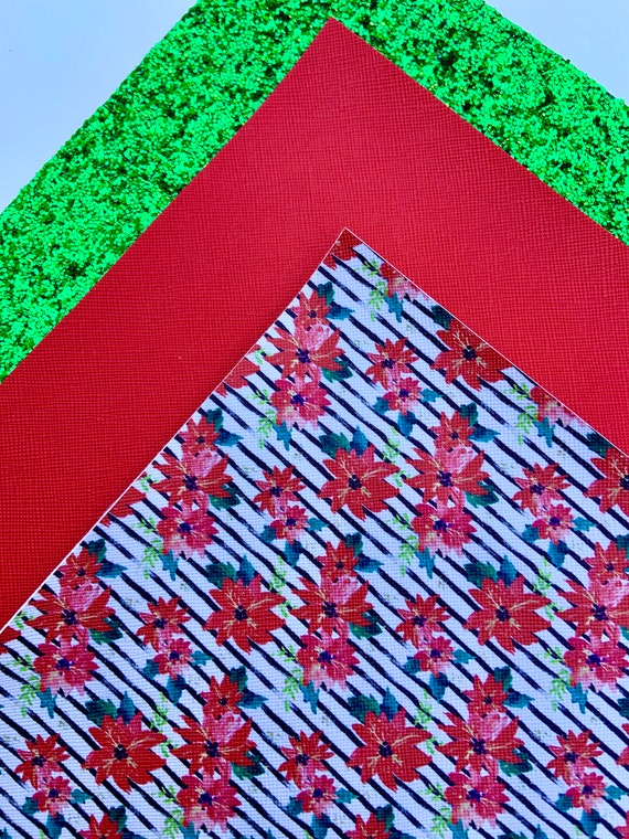 Christmas faux leather. Green glitter fabric, DIY hair bow, Christmas print, Red faux leather, Leather sheet, Christmas design,Bundle sheets