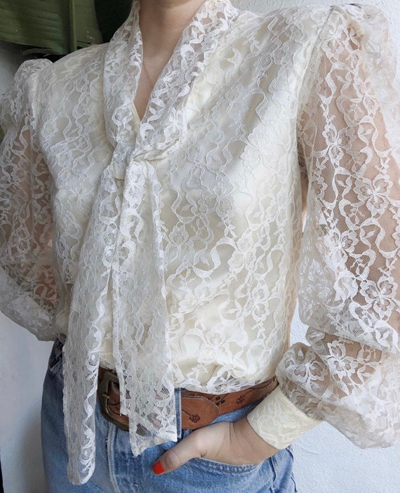 Vintage 80s Long Sleeve Bow Tie Neck White Lace B… - image 2