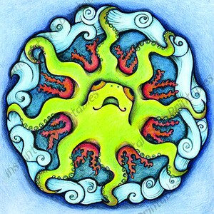 Pulpo hecho en un estilo divertido y juguetón con lápices de colores, arte de descarga digital en tres tamaños